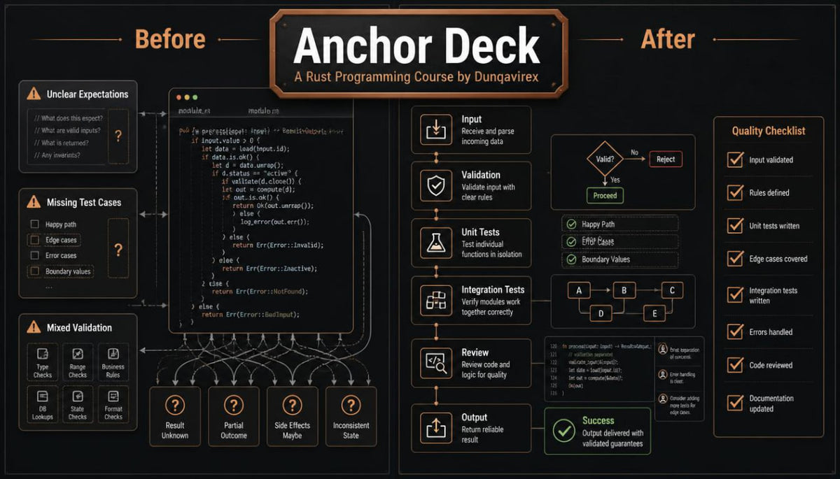 A dark-themed promotional graphic for an 'Anchor Deck' programming course by Dunawanex. The design features a black background with a warm orange-gold glowing central title banner and various schematic diagrams, flowcharts, and checklist boxes representing 'Before' and 'After' states of coding proficiency.