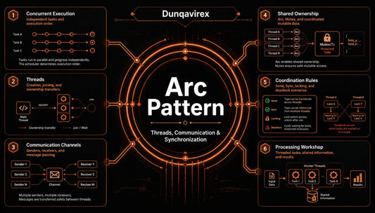 An infographic diagram titled 'Arc Pattern' on a black background, showing six numbered sections with orange circuit-like lines and text about threads, communication channels, shared ownership, and coordination rules.