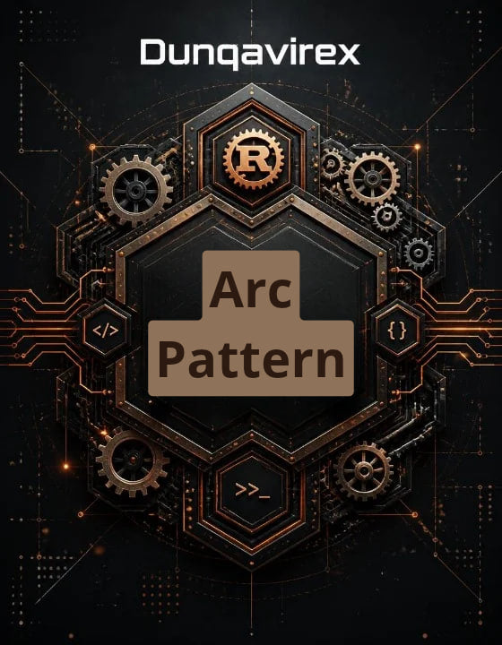 Digital cover art for 'Arc Pattern' by Dunqavirex , featuring a central hexagonal UI element with a brown label and dark metallic gears and circuitry on a black background.