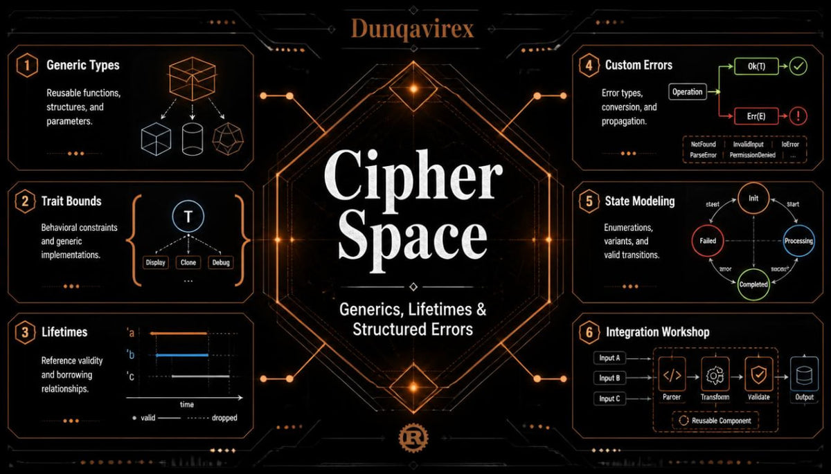 A digital infographic titled 'Cipher Space: Generics, Lifetimes & Structured Errors' by Dunqavirex , presented on a dark futuristic background with glowing orange and gold geometric accents. The layout features six numbered sections with diagrams and text about generics, lifetimes, trait bounds, state modeling, and integration workshops.