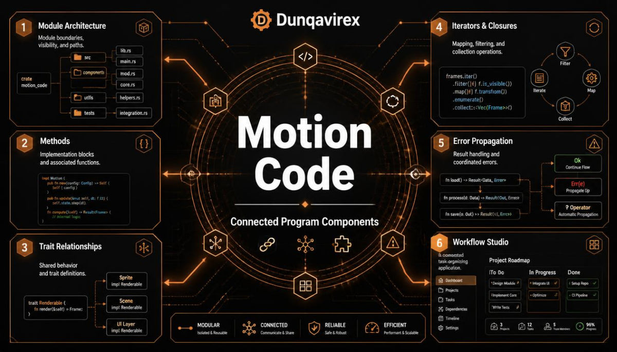 A dark promotional graphic for Dunqavirex Motion Code, showing a circular central title with glowing orange circuit-like lines and multiple labeled tech-modules around it, including Module Architecture, Methods, Iterators & Closures, Error Propagation, Trait Relationships, Workflow Studio, and a small section for Project Roadmap.