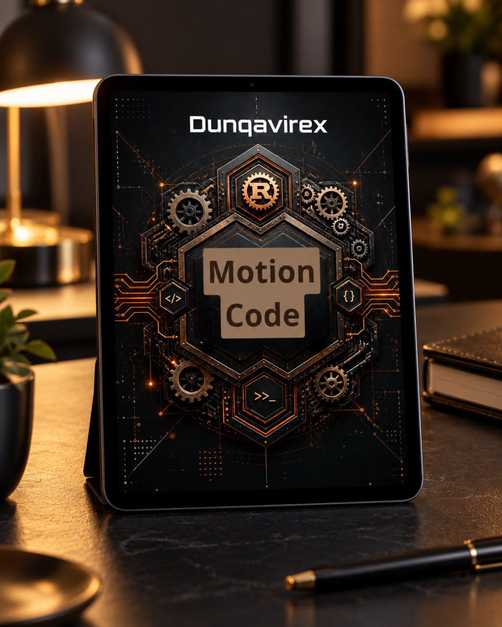 A tablet device on a desk stand displaying the 'Dunqavirex Motion Code' software interface, set against a blurred modern office background with a lamp and notebook.