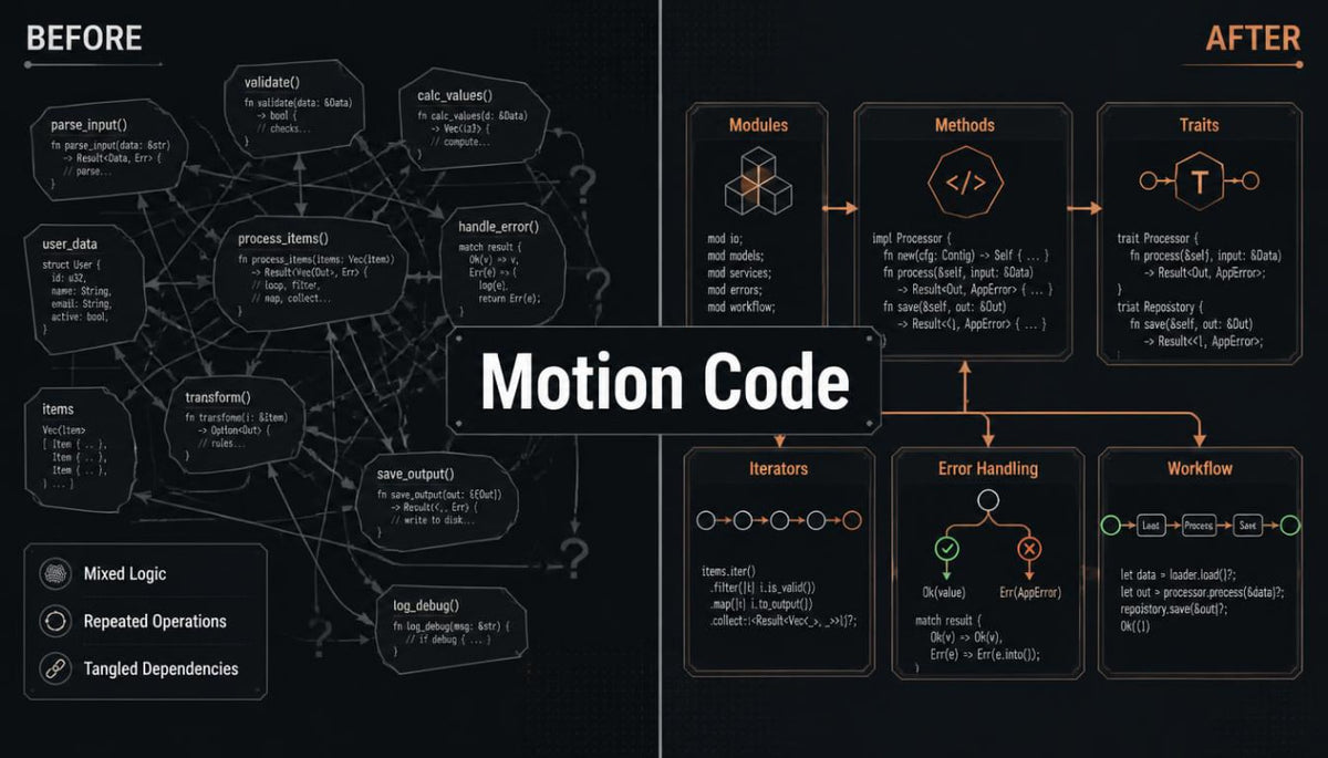 A dark digital infographic titled 'Motion Code' comparing a 'Before' state with an 'After' state, using connected boxes and arrows to illustrate modular structure, methods, traits, iterators, error handling, and workflow.