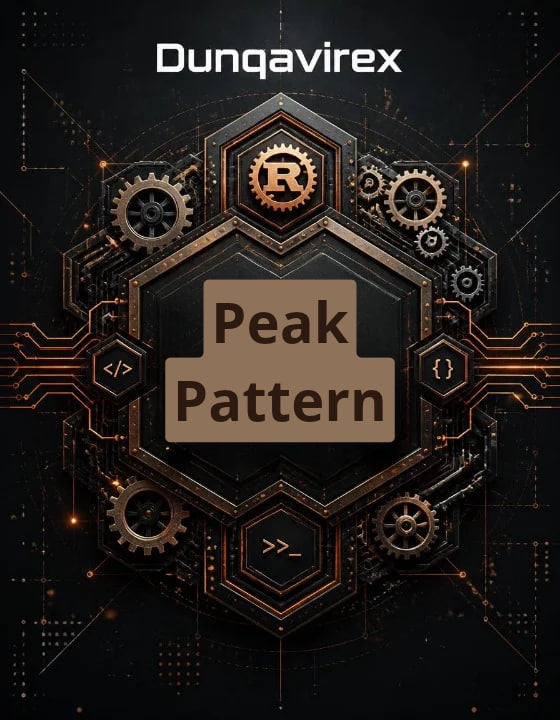 Digital cover art for 'Peak Pattern' by Dunqavirex , featuring a dark futuristic hexagonal design with gears, circuitry, and code symbols in bronze and gold tones on a black background.