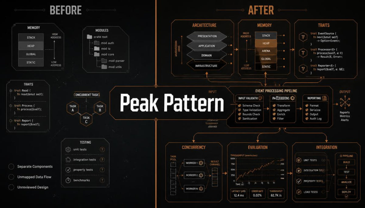 A dark-themed infographic titled 'Peak Pattern' comparing 'BEFORE' and 'AFTER' states with technical diagrams, metrics, and labeled boxes in orange and white text on a black background.