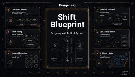 A dark technical infographic titled 'Shift Blueprint' with the brand name Dunqavirex at the top. The layout features a central black panel with gold line drawings and the main title, surrounded by six numbered sections on a black background with gold text and diagrams.