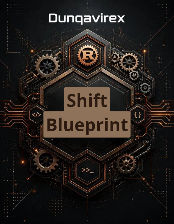 Digital cover art for 'Shift Blueprint' by Dunqavirex , featuring a dark steampunk design with gears, circuit boards, and code symbols in bronze and gold tones on a black background.