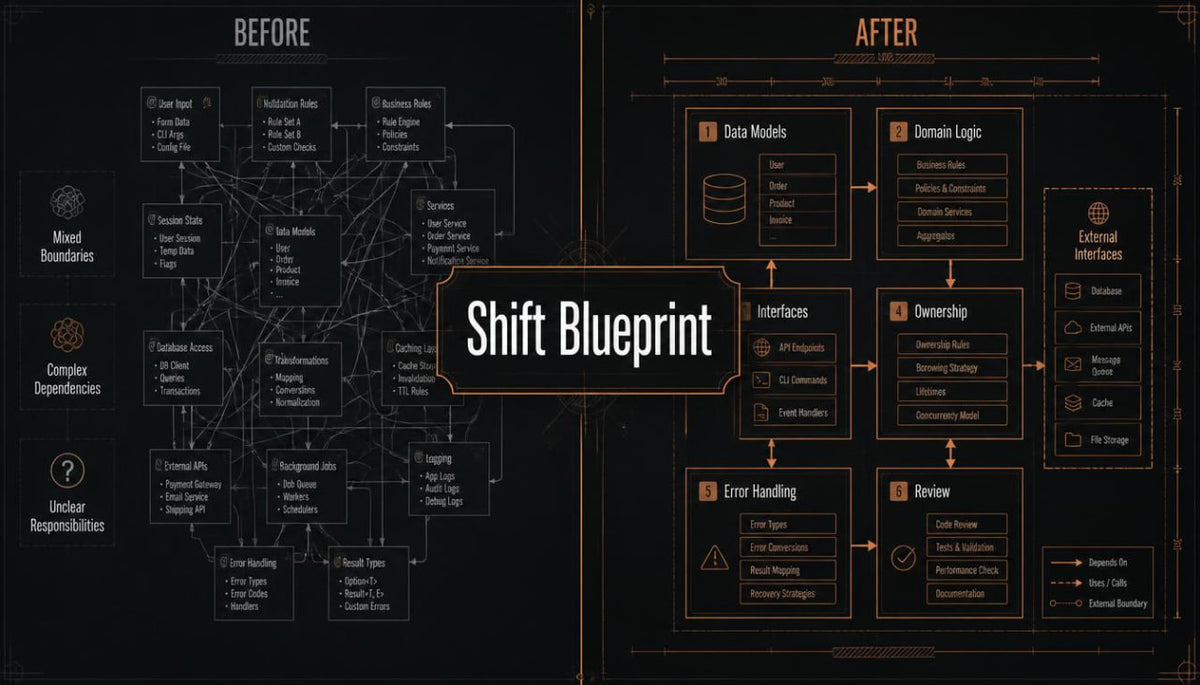 A black-and-orange 'Before' and 'After' comparison graphic titled 'Shift Blueprint,' showing a tangled dependency diagram on the left and a cleaner, structured workflow on the right.