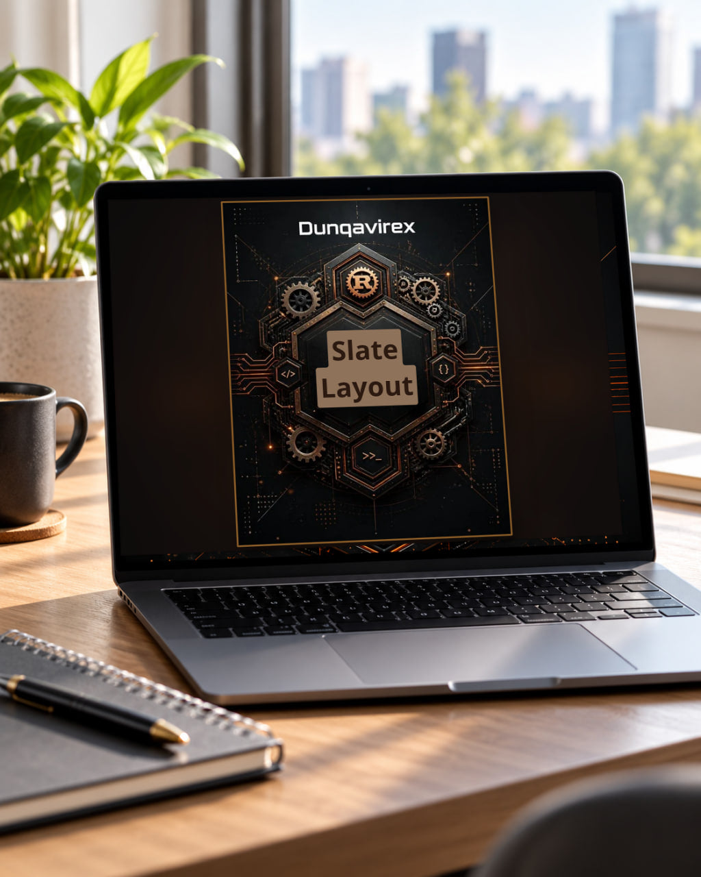 An open laptop on a wooden desk displaying a digital cover titled 'Dunqavirex Slate Layout' in a dark, tech-themed design. The scene is styled with a notebook, pen, and a potted plant in the background near a bright window.