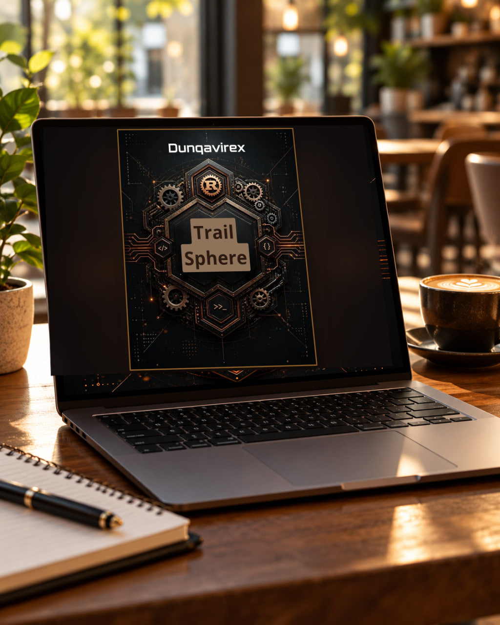 An open laptop on a wooden table in a cafe setting, displaying a digital cover for 'Trail Sphere' by Dunqavirex . The laptop is surrounded by a notebook with a gold pen, a cup of coffee, and potted plants.