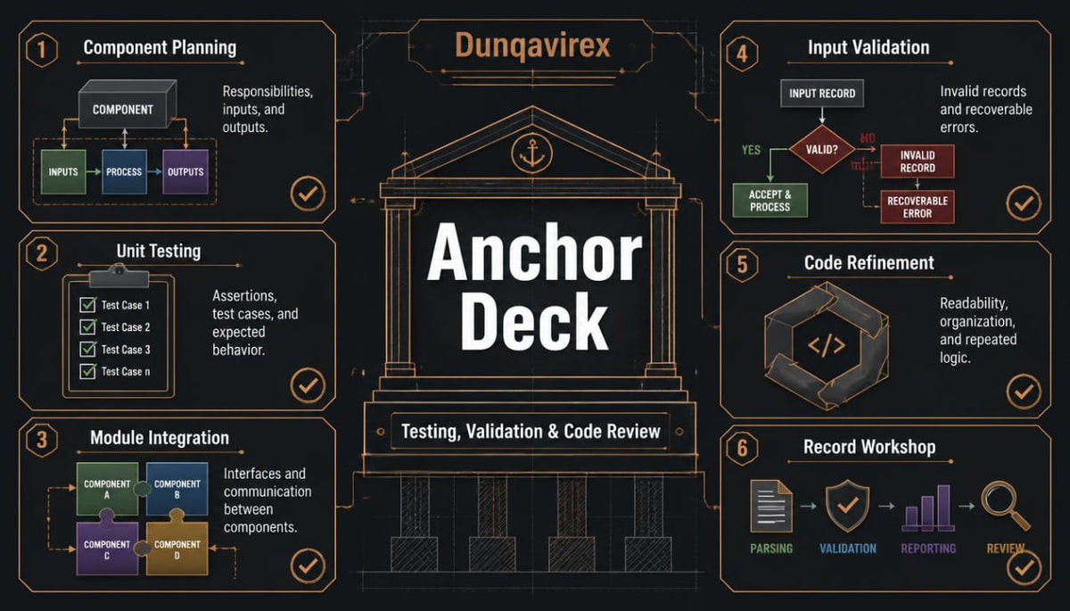 A dark-themed presentation slide or poster titled 'Anchor Deck' with the Dunqavirex name at the top. The design shows a central classical building icon with the words 'Testing, Validation & Code Review' below it, surrounded by six numbered process panels: Component Planning, Unit Testing, Module Integration, Input Validation, Code Refinement, and Record Workshop.