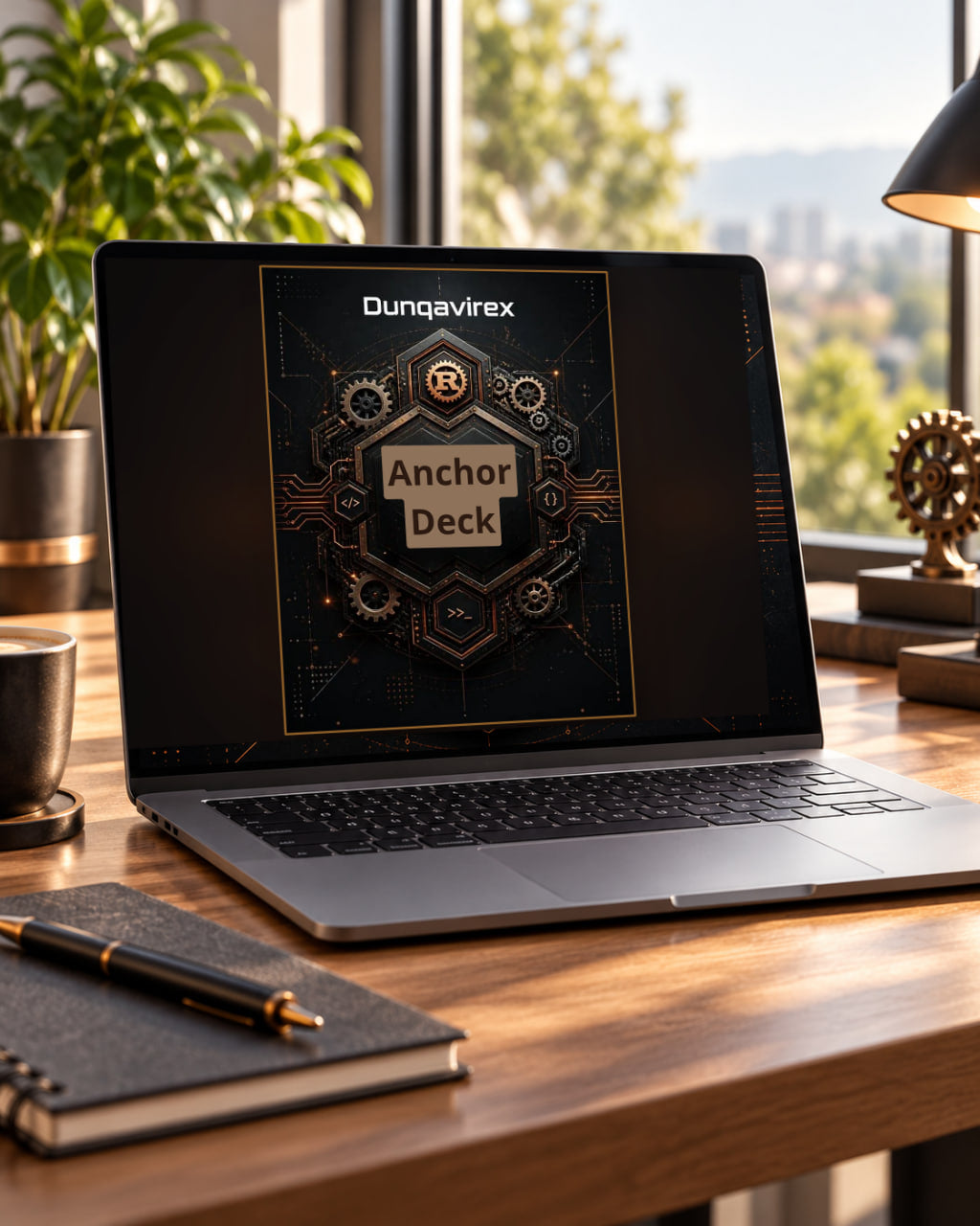 A laptop on a wooden desk displaying the 'Dunqavirex Anchor Deck' card game cover art. The scene is set in a bright, modern workspace with a window showing a city view, a potted plant, a notebook with a gold pen, and a lamp.