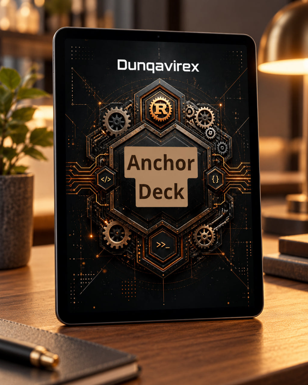 A tablet on a wooden desk displaying a digital cover for 'Anchor Deck' by Dunqavirex , surrounded by a warm, cozy indoor setting with a lamp, notebook, and plant.