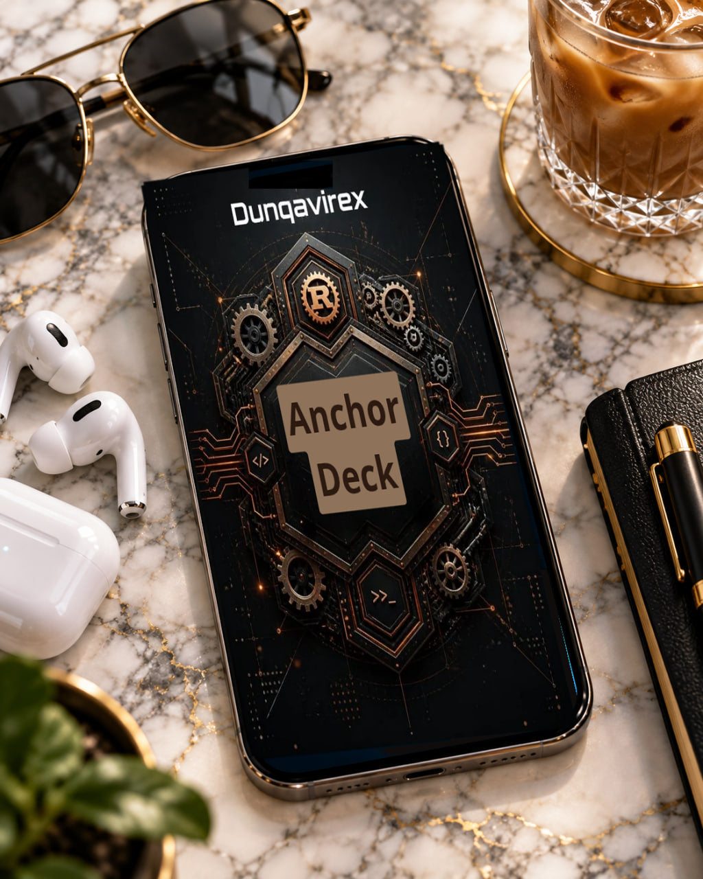 A smartphone lying on a marble desk surface displays a digital card game cover titled 'Anchor Deck' under the brand 'Dunqavirex '. The phone is styled in a flat-lay setting with sunglasses, white earbuds, an iced coffee, a notebook, and a small plant.