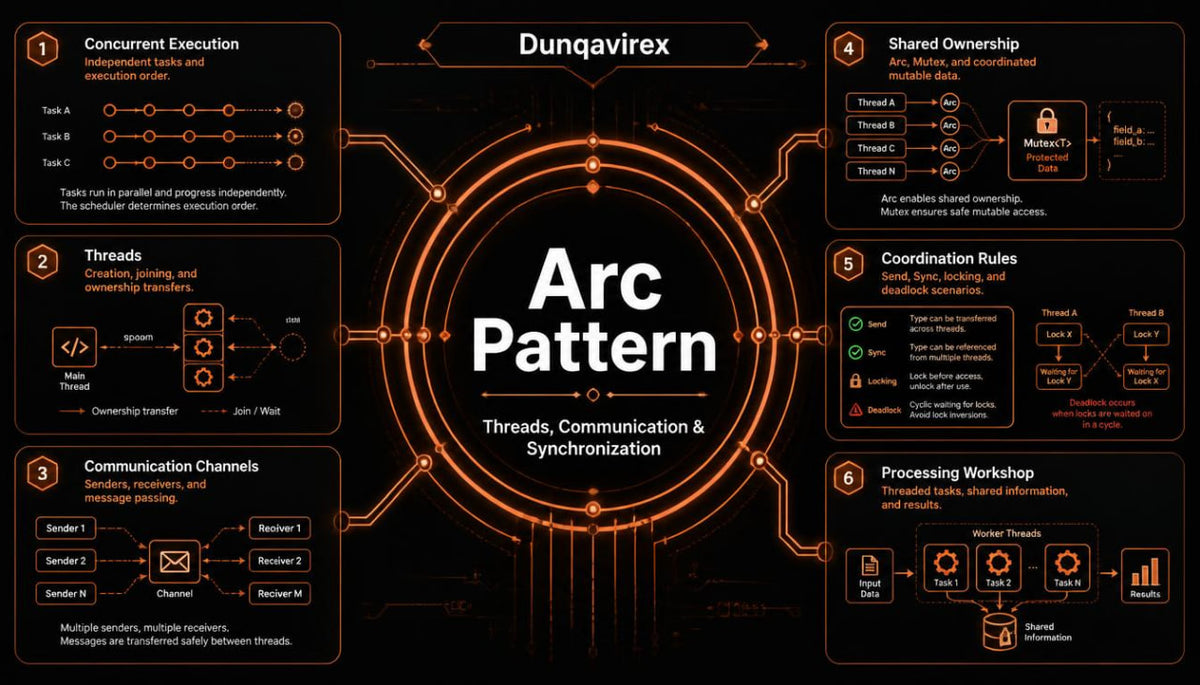 An infographic diagram titled 'Arc Pattern' on a black background, showing six numbered sections with orange circuit-like lines and text about threads, communication channels, shared ownership, and coordination rules.