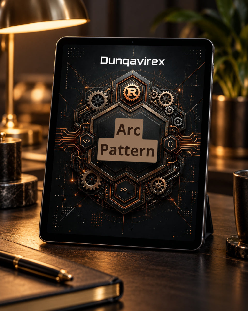 A tablet on a desk displaying the 'Dunqavirex Arc Pattern' digital design, surrounded by warm desk props like a lamp, notebook, and plant.