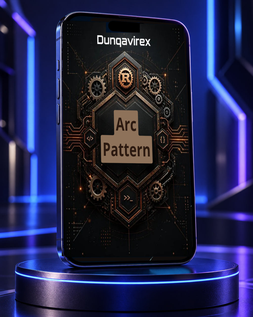 A smartphone displaying a dark, futuristic interface with the text 'Dunqavirex ' at the top and 'Arc Pattern' in the center, set on a glowing circular pedestal against a blue-lit tech-style background.