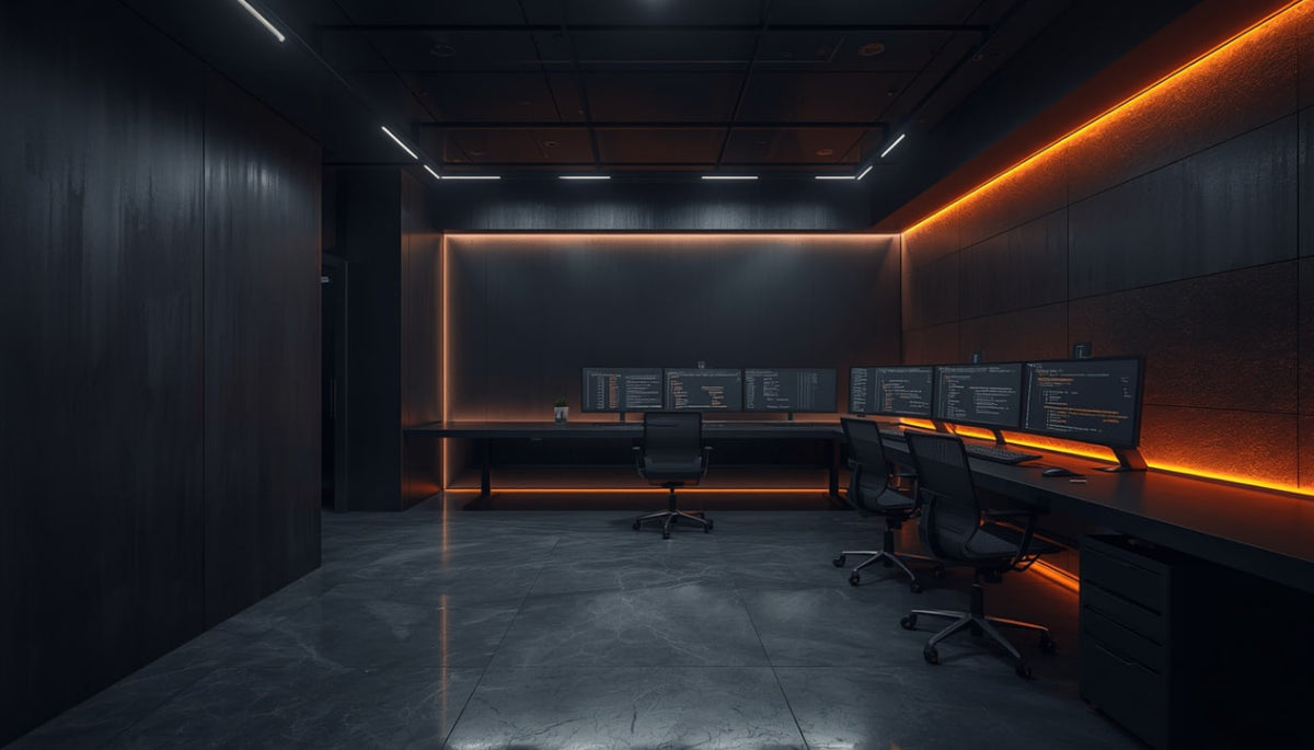 A modern dark-themed office or control room with a long desk, multiple computer monitors, black office chairs, and warm orange LED accent lighting along the walls and desk base.