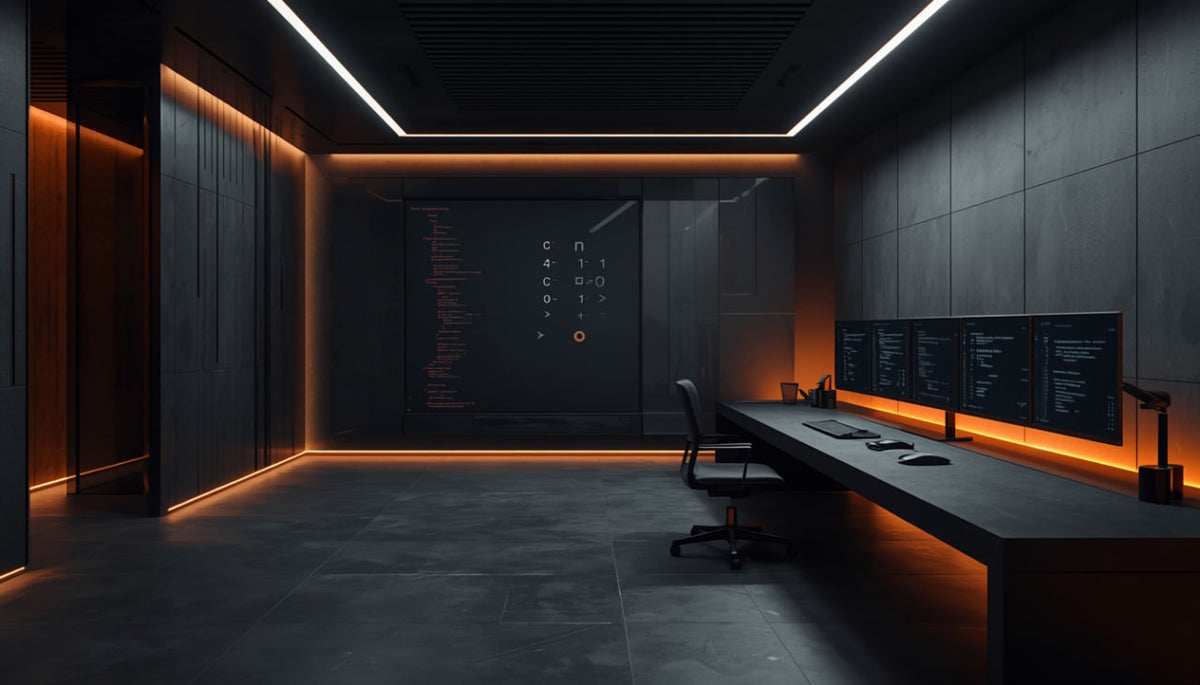 A dark, modern high-tech office or control room with a long desk, multiple computer monitors, an office chair, and warm orange accent lighting against dark gray walls and floor.