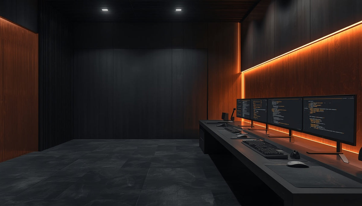 A modern dark office or control room with a long desk, multiple computer monitors, keyboards, and mice, set against black paneled walls with warm orange underlighting.
