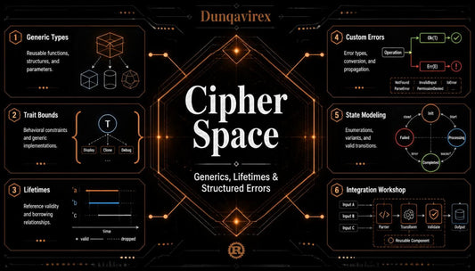 A digital infographic titled 'Cipher Space: Generics, Lifetimes & Structured Errors' by Dunqavirex , presented on a dark futuristic background with glowing orange and gold geometric accents. The layout features six numbered sections with diagrams and text about generics, lifetimes, trait bounds, state modeling, and integration workshops.