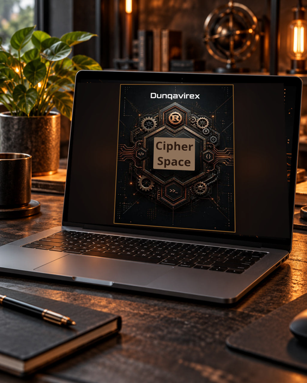 A laptop on a dark wooden desk displaying a digital graphic for 'Dunqavirex Cipher Space' in a warm, moody office setting with a plant, notebook, and pen.