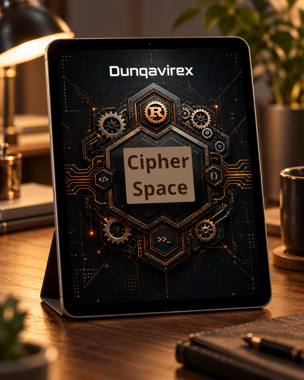 A tablet on a desk stand displaying a futuristic dark-themed interface with the text 'Dunqavirex ' and 'Cipher Space,' set in a warm, softly lit office environment with a lamp, mug, and notebook nearby.