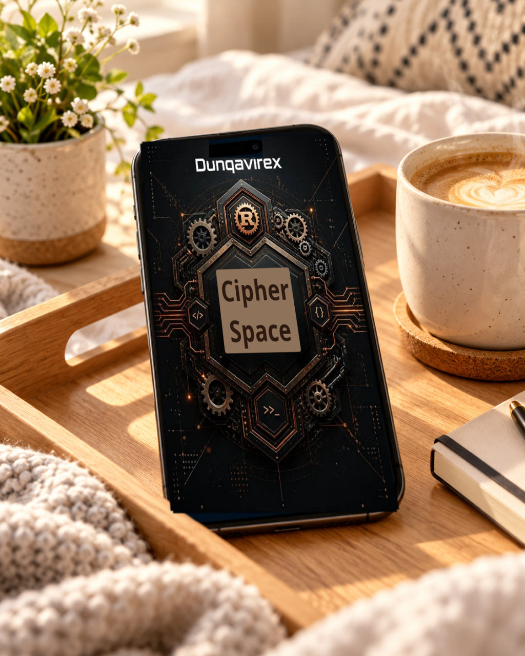 A smartphone displaying the 'Dunqavirex Cipher Space' app interface, resting on a wooden tray next to a cup of coffee, a small potted plant, and a notebook in a cozy, warm-toned bedroom setting.