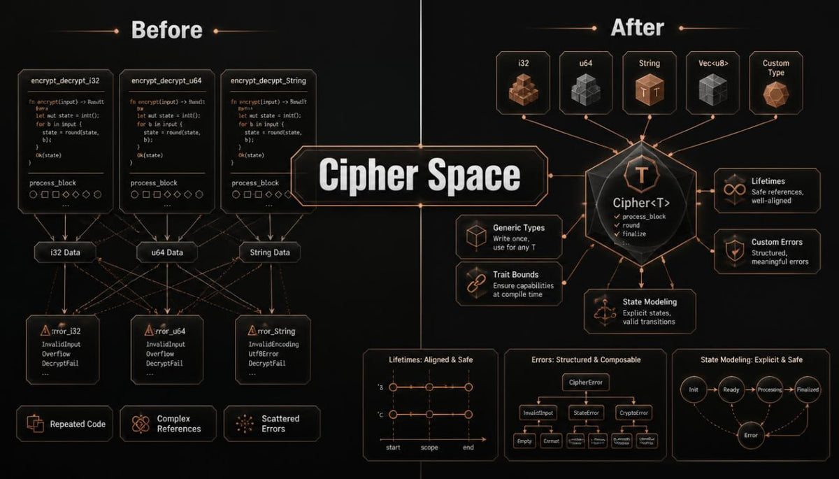 A dark-themed infographic titled 'Cipher Space' comparing 'Before' and 'After' states with diagrams, icons, and text related to encryption, UI elements, and state modeling on a black background.