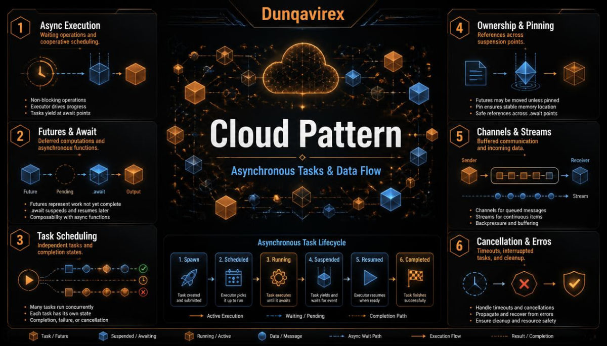 An infographic poster titled 'Cloud Pattern' by Dunqavirex , detailing asynchronous task and data flow in a cloud architecture. The design features a dark background with glowing orange and blue digital network elements, a central cloud icon, and six numbered sections explaining concepts like async execution, ownership, channels, and cancellation.