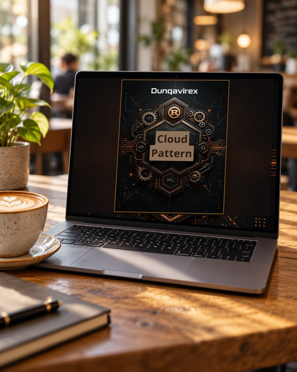 A silver laptop sits open on a wooden table in a warm, sunlit cafe setting. The screen displays a digital graphic with the text 'Dunqavirex ' and 'Cloud Pattern'.