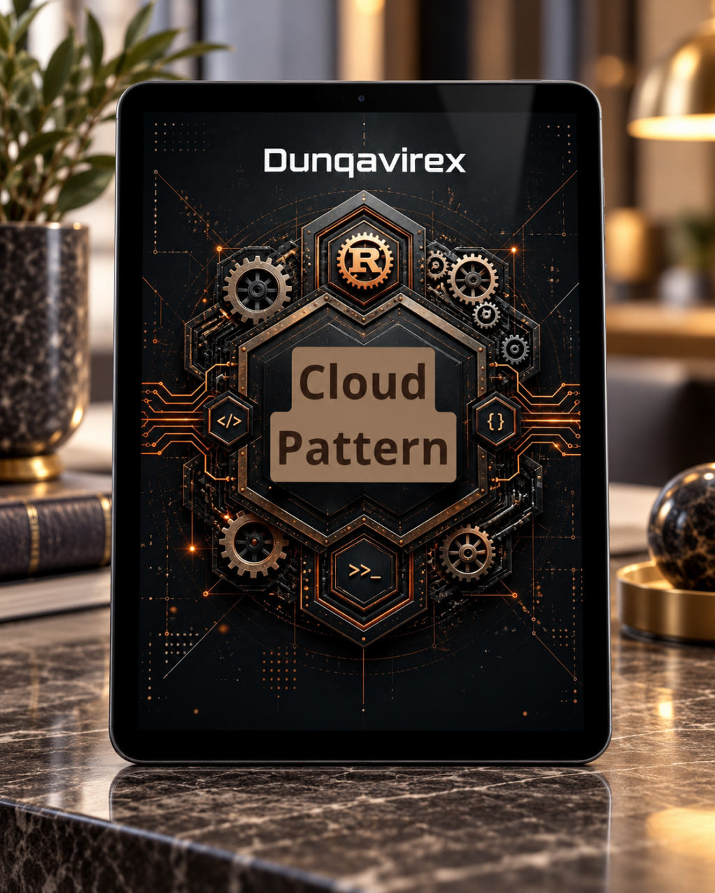 A tablet device standing on a polished marble countertop in a modern interior setting, displaying a dark-themed digital design with the text 'Dunqavirex' at the top and 'Cloud Pattern' in the center.