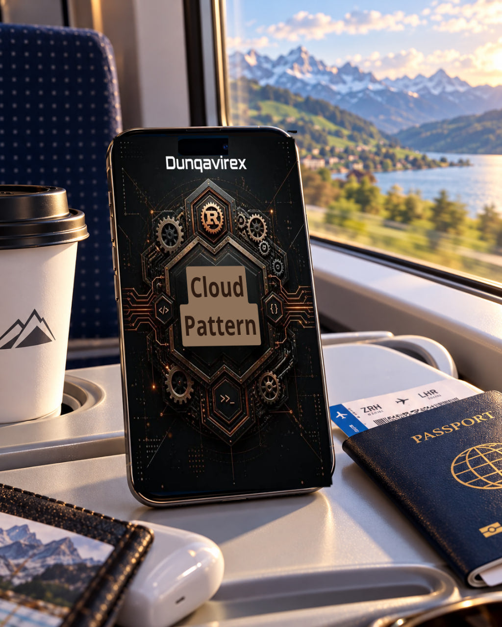 A smartphone displaying the Dunqavirex app with a 'Cloud Pattern' graphic, resting on a train tray table next to a coffee cup, a passport, and earbuds, with a scenic mountain and lake view outside the window.