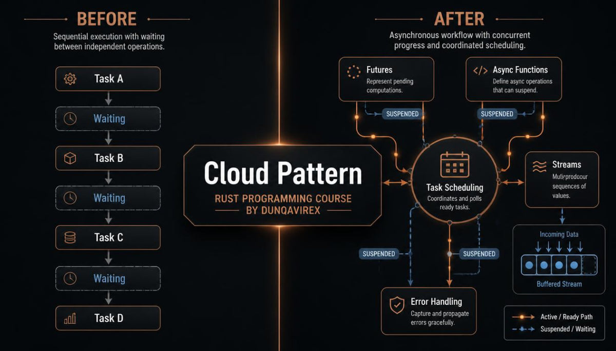 An infographic diagram titled 'Cloud Pattern' comparing sequential 'BEFORE' execution with asynchronous 'AFTER' workflow patterns, using rust programming course branding and orange/blue line graphics on a dark background.