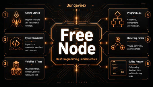 A digital infographic titled 'Free Node Rust Programming Fundamentals' by Dunqavirex , presented on a black background with glowing orange circuit board lines. The central panel features the title in bold white text, surrounded by six numbered orange boxes detailing topics like syntax foundations, variables & types, program logic, ownership basics, and guided practice.