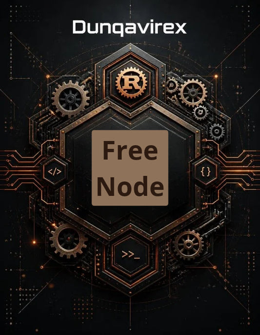 Digital promotional graphic for 'Dunqavirex ' featuring a central hexagonal interface with the text 'Free Node' in a tan box, surrounded by metallic gears and circuitry on a dark background.
