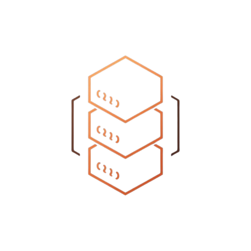 A minimalist orange vector icon depicting three stacked server racks enclosed by brackets, representing a database or server stack, isolated on a white background.
