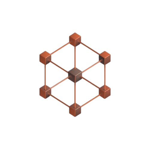A 3D isometric rendering of a geometric cube structure made of small brown cube nodes connected by thin brown lines, centered on a plain white background.