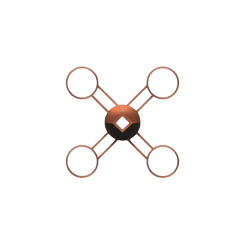 A minimalist geometric logo or emblem featuring a central metallic bronze sphere with a diamond cutout, flanked by four thin copper-colored lines leading to empty circular ends, set against a solid white background.