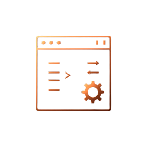 A minimalist orange vector icon depicting a software settings or configuration window with arrows and a gear, isolated on a white background.