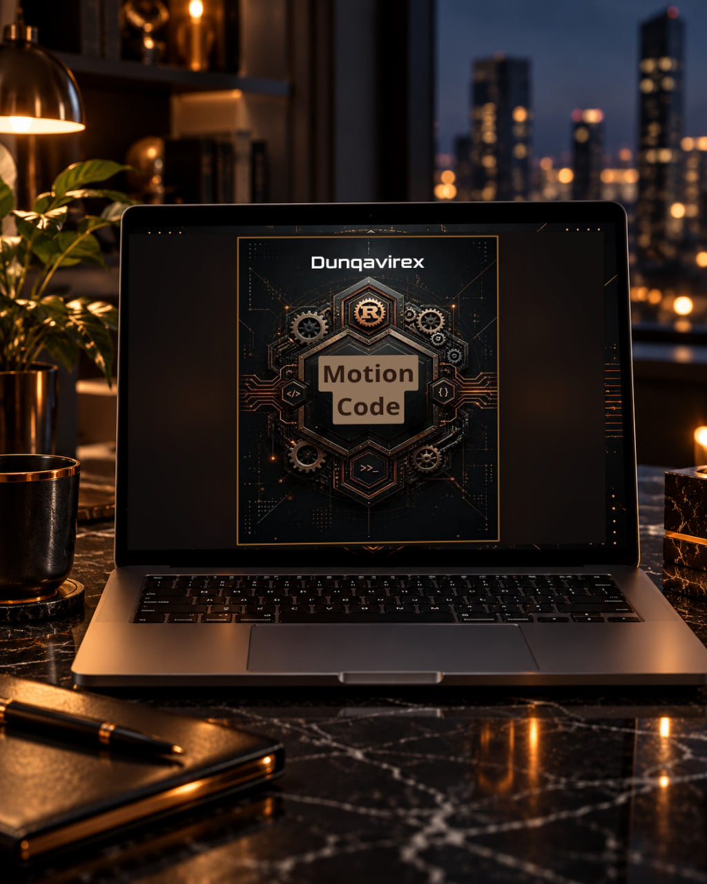 A silver laptop sits open on a dark marble desk, displaying a futuristic software interface titled 'Dunqavirex Motion Code'. The scene is styled at dusk with a blurred city skyline in the background, warm ambient lighting, and office props like a notebook, pen, and plant.