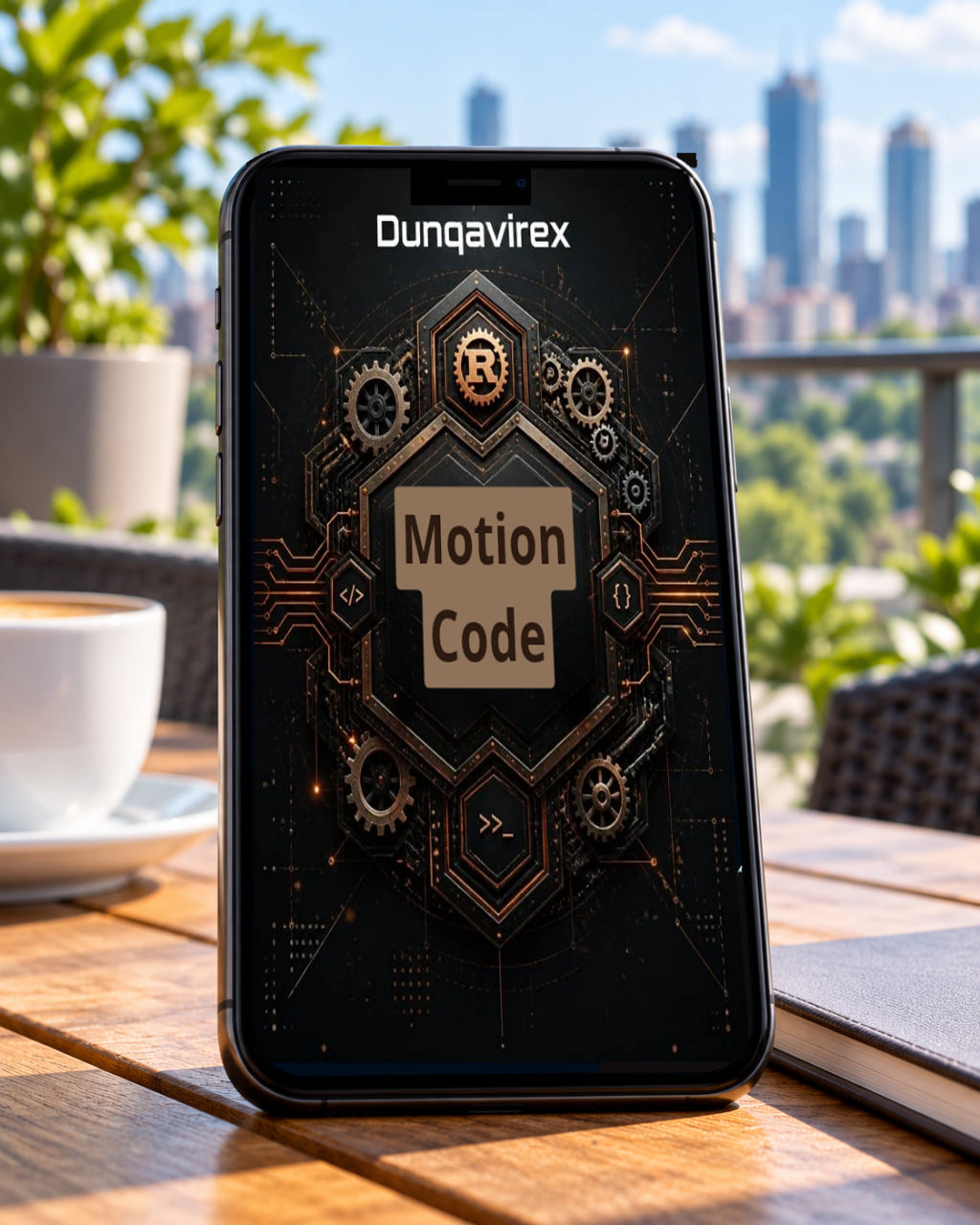 A black smartphone standing upright on a wooden table outdoors, displaying a dark interface with the text 'Dunqavirex ' and 'Motion Code'. A white cup of coffee sits to the left, with a notebook and blurred city buildings in the background.