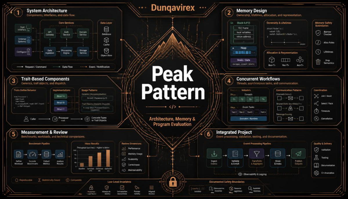 A dark-themed infographic poster titled 'Peak Pattern' with the subheading 'Architecture, Memory & Program Evaluation' and the brand name 'Dunqavirex ' at the top. The layout features multiple labeled sections such as System Architecture, Memory Design, Trait-Based Components, Concurrent Workflows, Measurement & Review, and Integrated Project, arranged around a central geometric emblem on a black background with gold and blue accents.