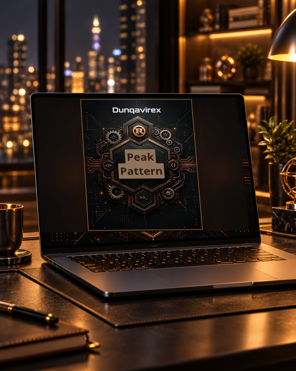 A laptop on a desk displaying a digital graphic with the text 'Dunqavirex Peak Pattern' in a dark, futuristic interface. The scene is set in a cozy, warmly lit home office with a blurred city skyline at night in the background.