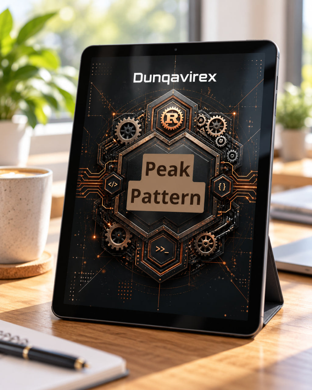 A tablet on a wooden desk displaying a digital cover design with the text 'Dunqavirex ' and 'Peak Pattern' over a dark technical graphic with gears and circuit lines. The tablet is shown in a bright, modern office setting with a coffee cup, notebook, and plants in the background.