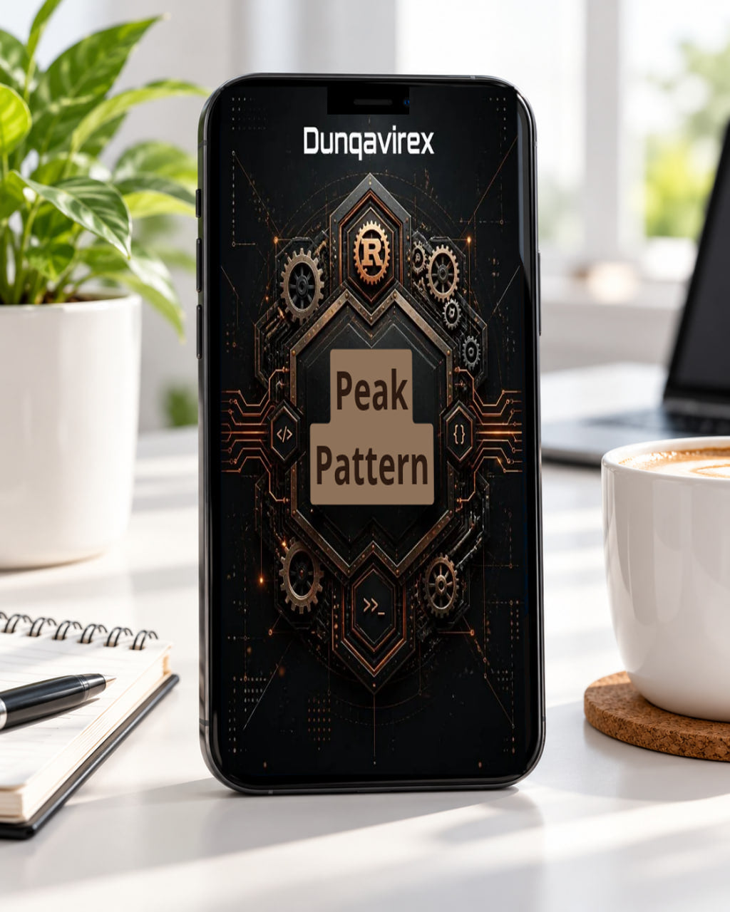 A black smartphone standing upright on a white desk, displaying a dark futuristic interface with the text 'Dunqavirex ' at the top and a central panel reading 'Peak Pattern.' The scene includes a potted plant, notebook, pen, and a cup of coffee in a bright indoor setting.