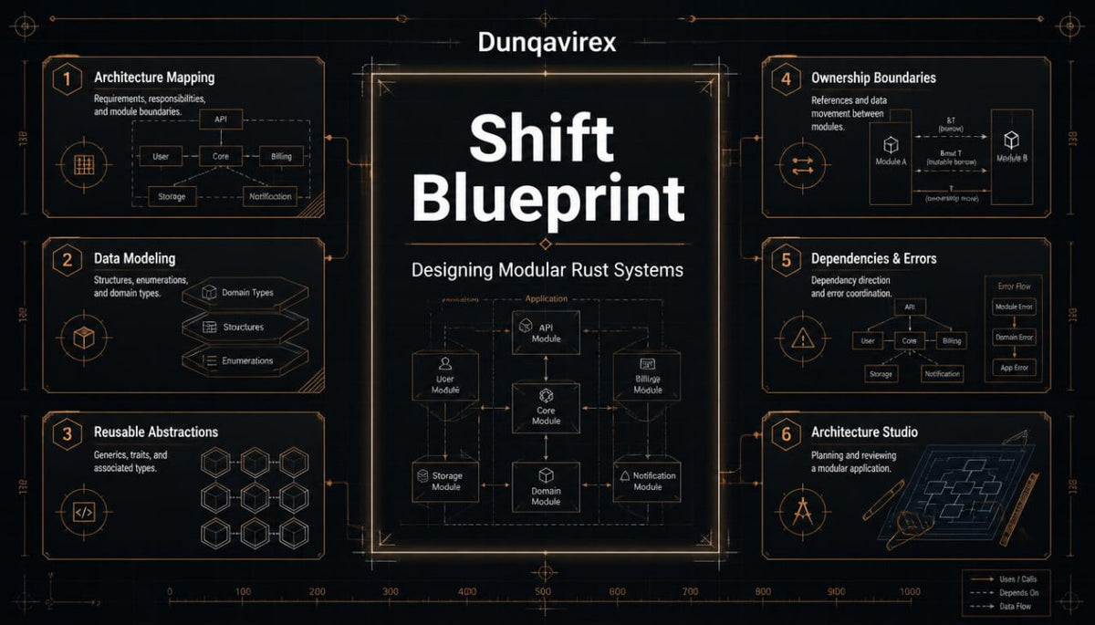 A dark technical infographic titled 'Shift Blueprint' with the brand name Dunqavirex at the top. The layout features a central black panel with gold line drawings and the main title, surrounded by six numbered sections on a black background with gold text and diagrams.