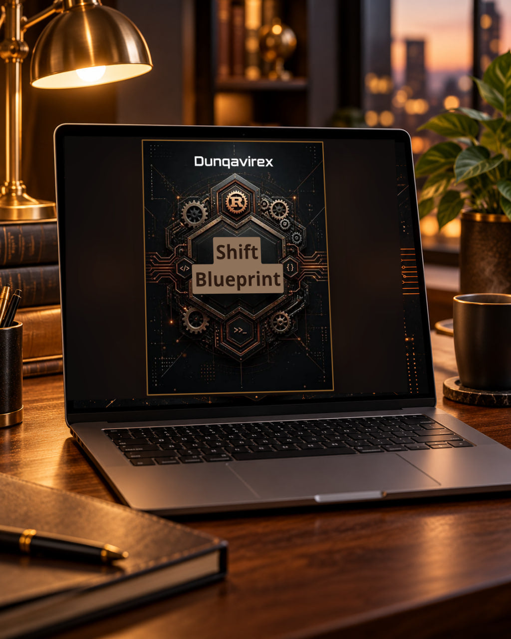 An open laptop on a wooden desk displaying a digital cover titled 'Dunqavirex Shift Blueprint' in a dark, tech-themed design. The scene is styled with a warm brass desk lamp, books, a notebook with a pen, and a plant in the background.