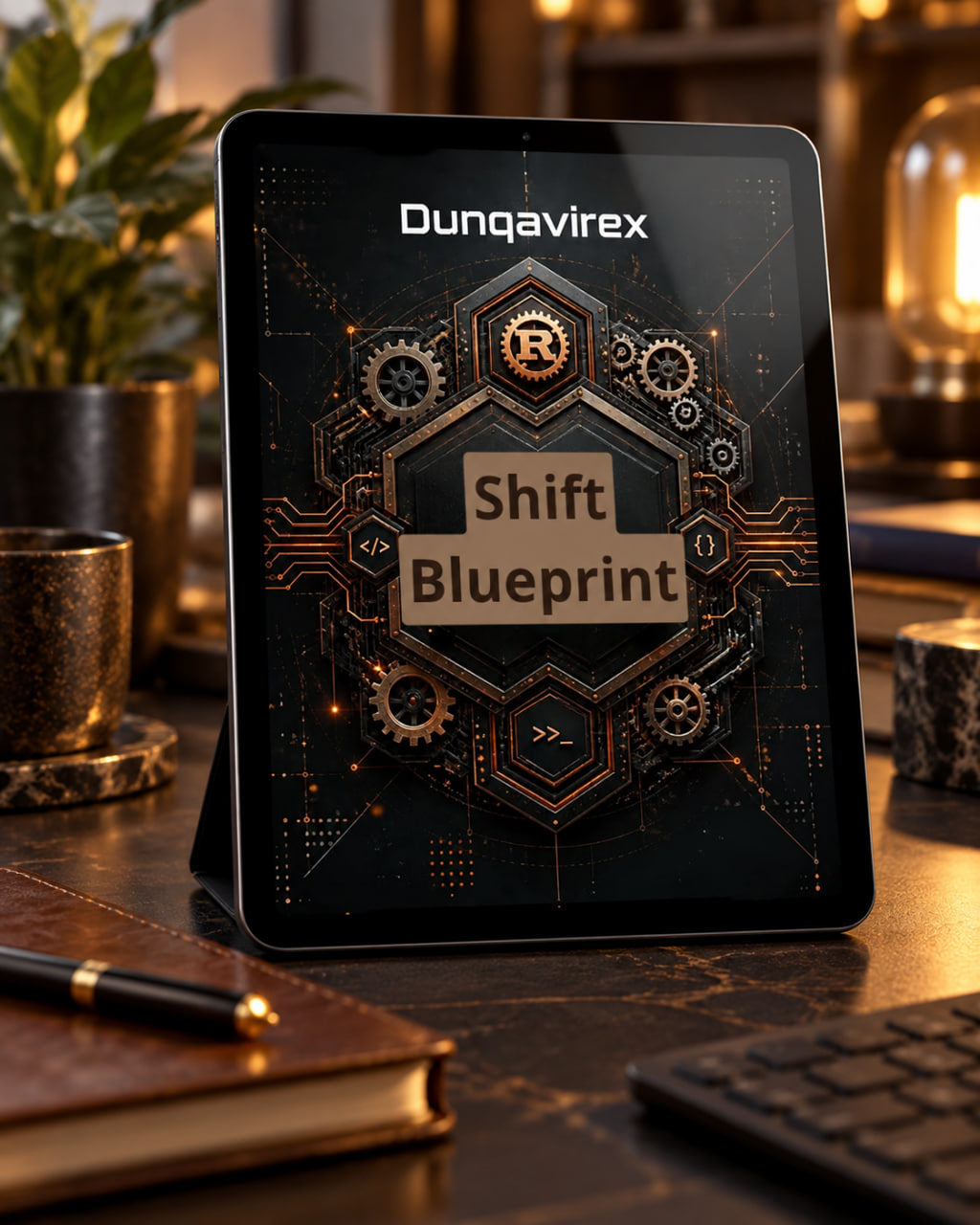 A tablet device standing on a desk, displaying a futuristic dark interface with the text 'Dunqavirex ' and 'Shift Blueprint' over a circuit-board and gear graphic. The scene is styled in a warm, dim office or study environment with a notebook, pen, plant, and lamp visible around it.