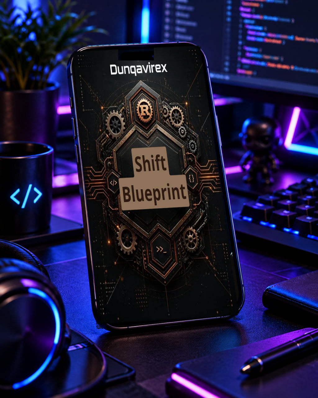 A smartphone displaying the 'Dunqavirex' brand and 'Shift Blueprint' graphic, standing upright on a desk in a stylized cyberpunk workspace with a keyboard, headphones, and glowing monitors in the background.